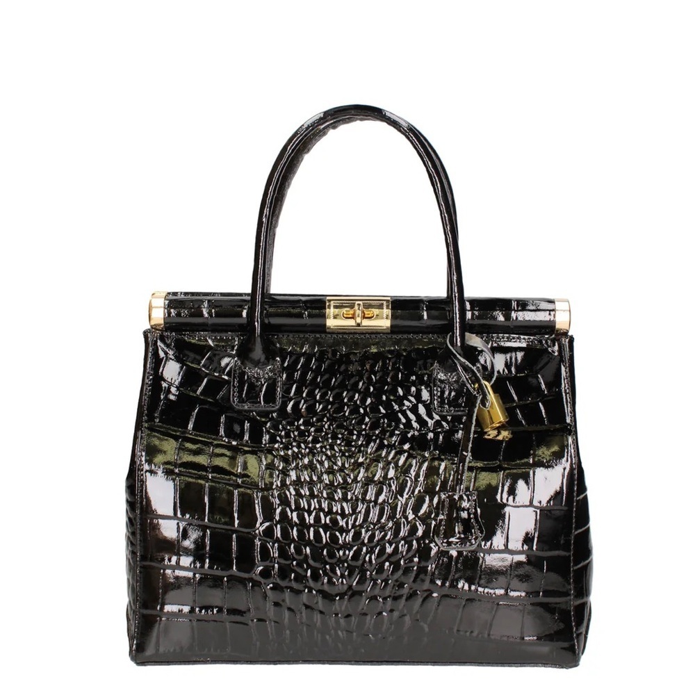 Vera Pelle leather Elegant Black-Embossed Handbag